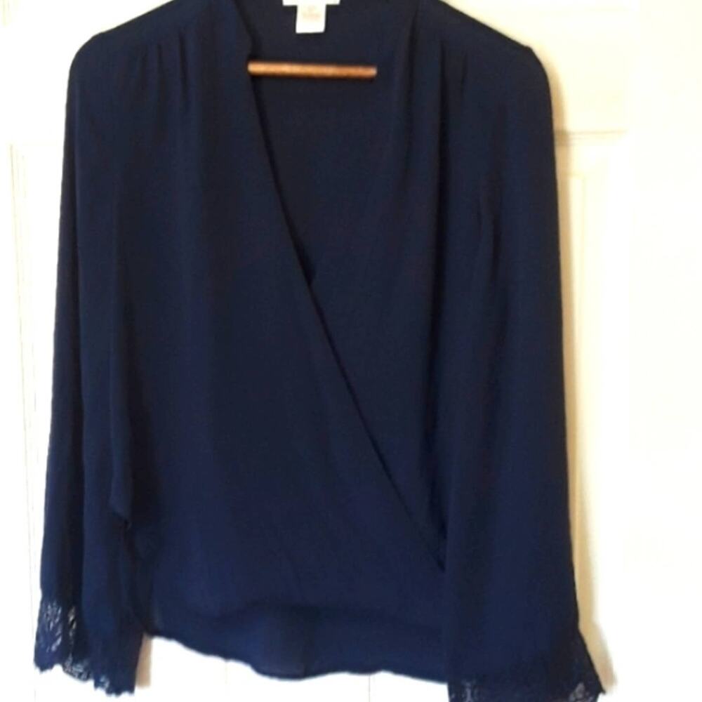 Women Sz S Navy Blue Lace Fairy Feminine Office Flattering Sheer Top